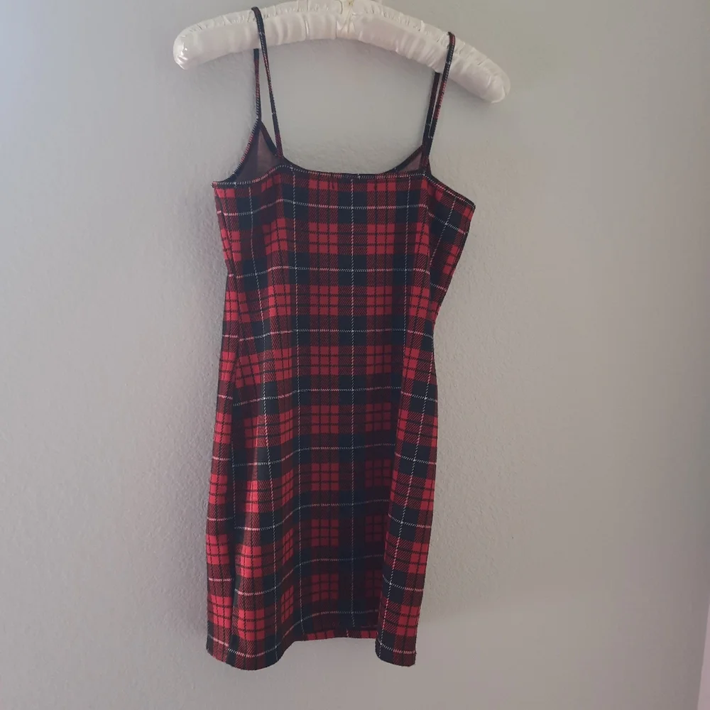 Derek Heart Bodycon Dress Women's Medium Red Plaid Scoop Neck Sleeveless* - Picture 3 of 11